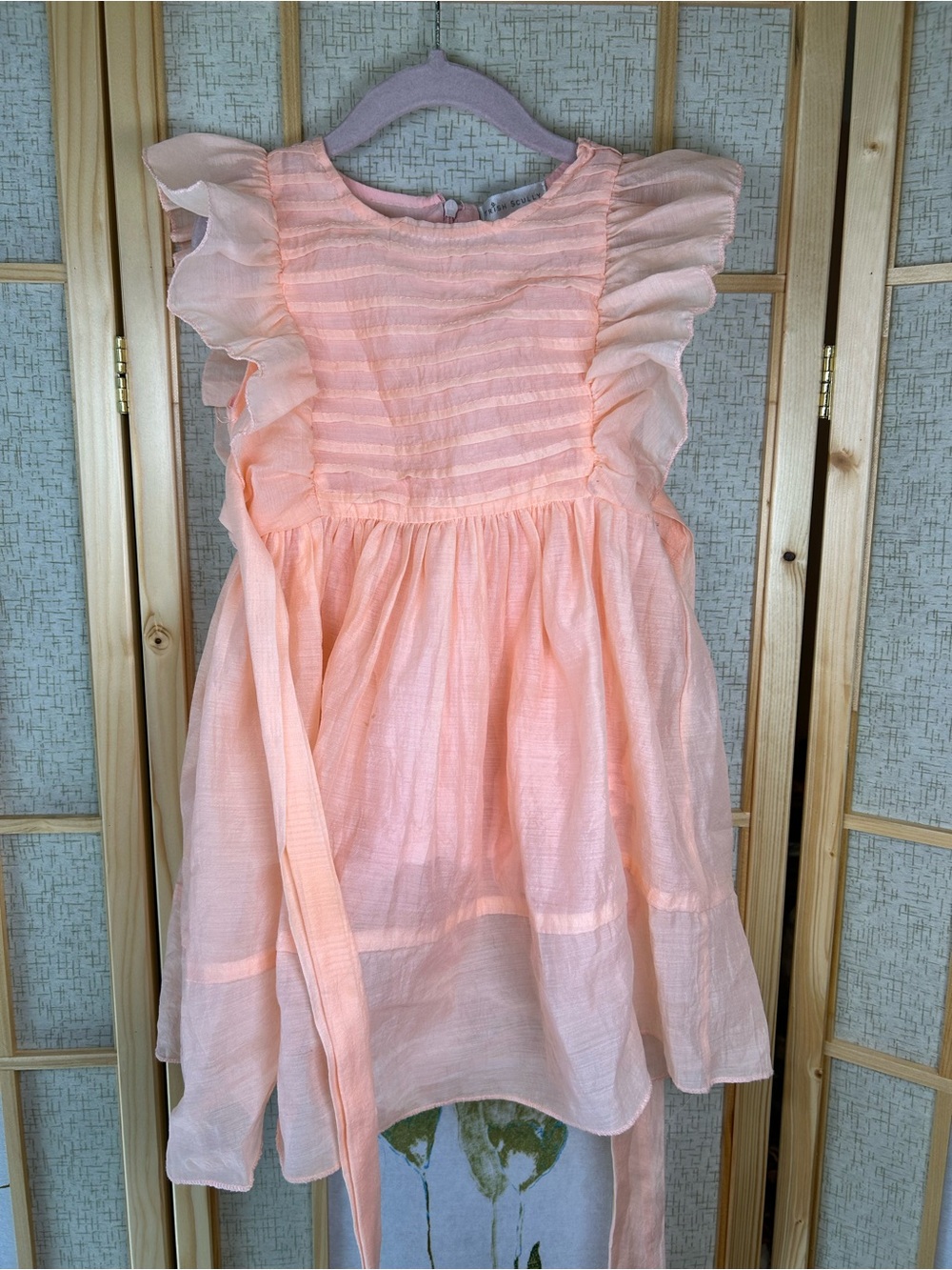 Girls Peach Ruffle Sleeve Dress